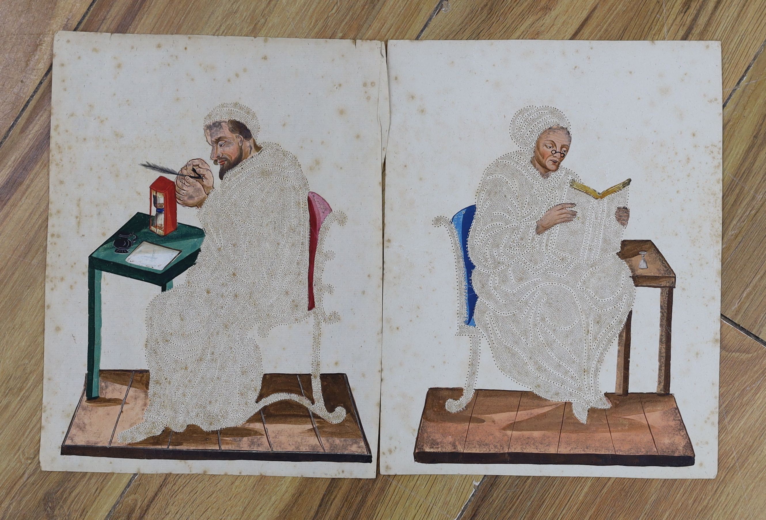 19th century Continental School, two gouache and pinwork, Studies of seated Scholars, 24 x 18cm, unframed